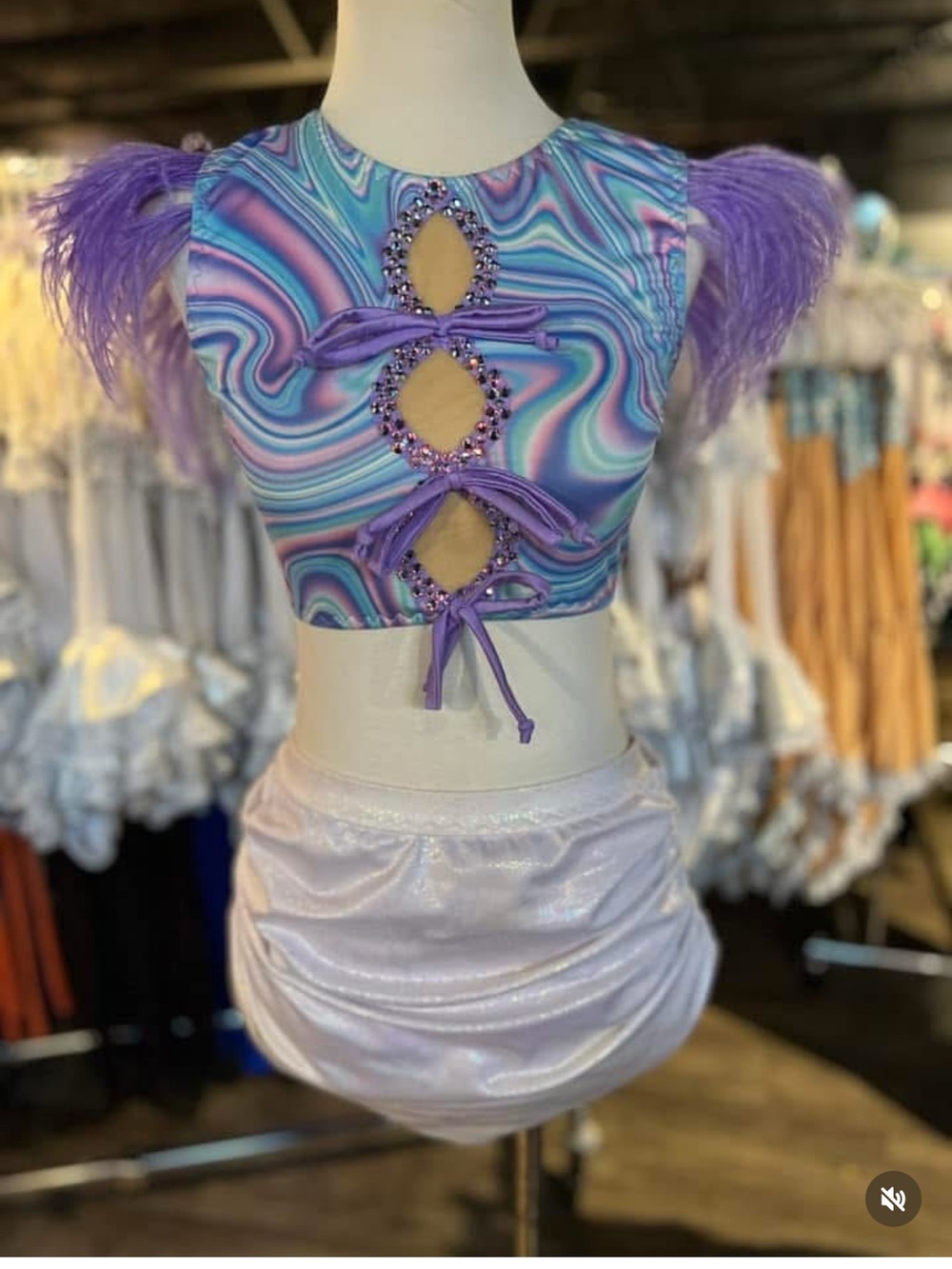 Custom jazz, dance costume Lavender Swirl Cutout Crop Top with Feather Sleeves.
